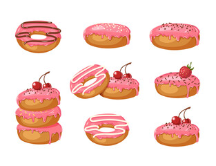 Set of Vector Sweet pink glazed donuts with powder, cherries, strawberries and chocolate cream isolated on white. Food design. Illustration for holidays, birthdays, banners, patterns.