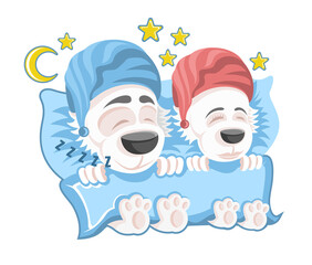 Family of dogs, man and woman sleeping in the bed clothed in nightcaps in cartoon style on white.