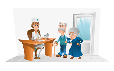 Cartoon character grandma and grandfa stand beside with doctor who sit at the desk. Flat style modern vector illustration