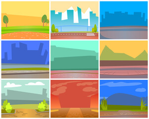 Cards with natural landscape backgrounds, urban city buildings silhouettes. Shadow of skyscrapers, asphalt sidewalk, green nature in town. Vector place for cafe or restaurant, empty space for design