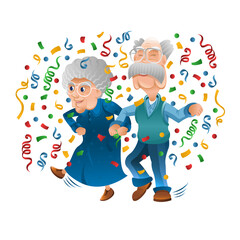 Grandpa and grandma have fun and dance at the disco. Grandmother and grandfather hold by hands celebrate birthday or other holiday together