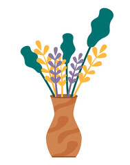 Plants in brown vase isolated on white background. Bunch of leaves and spikes stand in vessel with water. Vegetation used for decoration, house interior. Vector illustration of bouquet in flat style