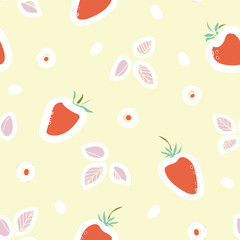 Vector cute pastel strawberry summer pattern. Graphic modern kawaii cut out repeating design. Hand drawn berry fruit pattern with leaf and dot on cream colored background. Hand drawn pastel backdrop.