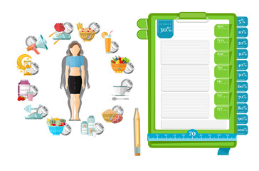 Health diary. Woman with her schedule diet from left. Template of notebook paper for notice right. Vector illustration design on white