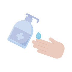 hand with antibacterial gel bottle , flat style icon
