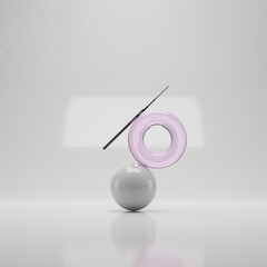 3d render of ball, torus and stick. Minimalistic background with objects. Balancing composition...