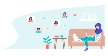 Female character sitting on a sofa chatting online. A woman communicates with colleagues in a videoconference. Online communication concept. Chatting with friends through social networks.