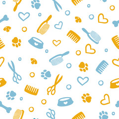 Seamless pattern with tools and supplies. Colorful background for grooming salon and pet shop, t-shirt, apparel print, web page, surface texture and fabrics. Paw, bone, scissors, bowl, nose, dog 
