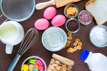 baking preparation, top view of a variety of baking utensils and ingredients
