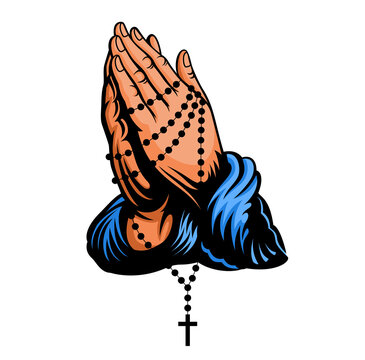 Praying hands with cross on chain around hands. Vector color illustration