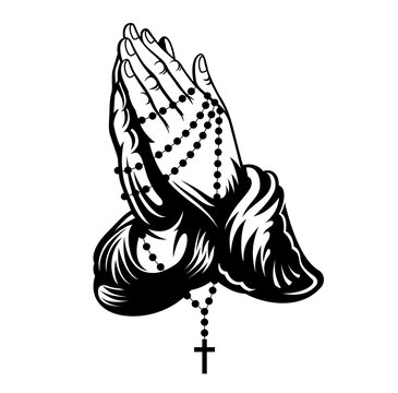 Praying hands with cross on chain around hands. Vector illustration