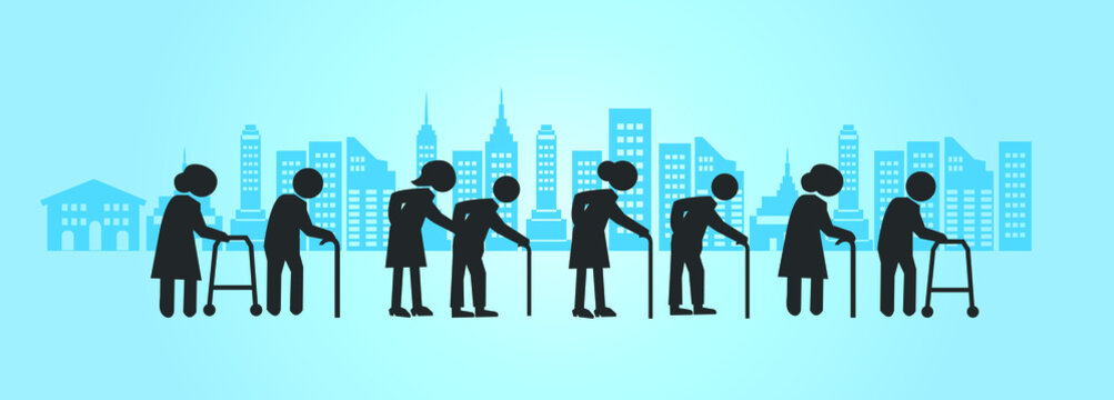 set of old man in the city on blue background.elder icon.vector illustration.