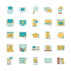 line and fill style icon set design, Education online and elearning theme Vector illustration