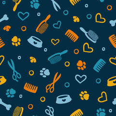 Seamless pattern with tools and supplies. Colorful background for grooming salon and pet shop, t-shirt, apparel print, web page, surface texture and fabrics. Paw, bone, scissors, bowl, nose, dog 