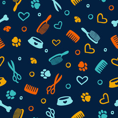 Seamless pattern with tools and supplies. Colorful background for grooming a salon and pet shop, t-shirt, apparel print, web page, surface texture and fabrics. Paw, bone, scissors, bowl, nose, dog 