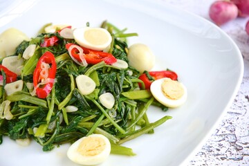 Tumis Kangkung Telur Puyuh (Stir-fried Water Spinach with Quail Eggs)