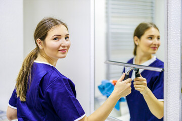 Fototapeta premium A girl in a cleaning service uniform cleans a mirror in the bathroom. The concept of cleanliness and disinfection.