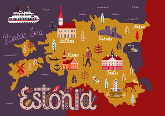 Cartoon map of Estonia. Travel and attractions of Eastern Europe - obrazy, fototapety, plakaty