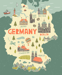 Illustrated map of Germany. Travel and attractions of Europe.