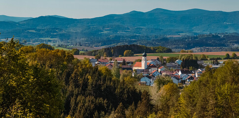 Beautiful spring view with the Bavarian forest in the background near Handlab, Bavaria, Germany