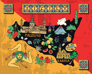 Obraz na płótnie Canvas Illustrated map of the Italian island of Sicily. Travel and attractions.