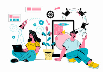 Sharing data and mobile technology concept vector of people using gadgets such as laptop pc and smartphone to share posts, messages and news in social networks. Cartoon vector illustration.