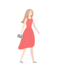 Lady in elegant red dress and sack, with long hair profile view isolated character in flat design cartoon style. Vector woman in evening gown, glamour girl