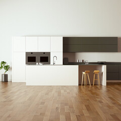 modern kitchen with minimal objects, wooden bar stool and wooden floors front view