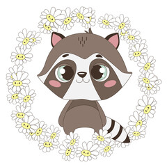 Vector illustration of raccoon and floral wreath