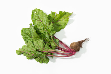 Red beet root with leaves isolated on white background. Beta vulgaris
