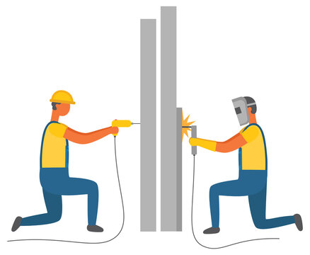 Handyman working on construction vector, isolated characters wearing uniform and helmets. People welding and drilling teamwork instruments in hands