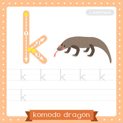 Letter K lowercase tracing practice worksheet of Komodo dragon
