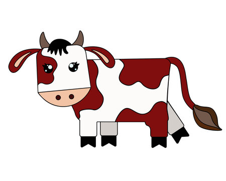 Bull - symbol 2021 - full color, stylized children`s vector illustration. The calf is a cute picture. Brown Spotted Cow - Farm Animal