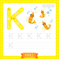 Letter K uppercase tracing practice worksheet of Krill