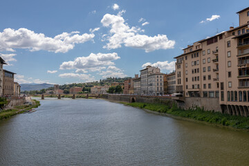 Panoramic view of Florence city and river Arno with bridge in Italy