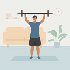 Man doing sports at home. Stay home and workout. Flat character illustration. Home workout.