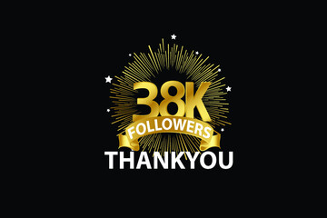 38K,38.000 Followers anniversary, minimalist logo years, jubilee, greeting card. invitation. Sign Ribbon Gold space vector illustration on black background - Vector