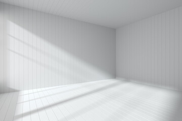 Corner of empty white room made with flat white planks