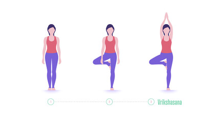Yoga pose. Vrikshasana. Tree pose - exercise step by step. Vector