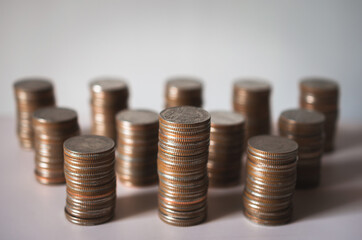 business financial strategy concept group row of coin stack money saving and investment plan. economy marketing and banking.