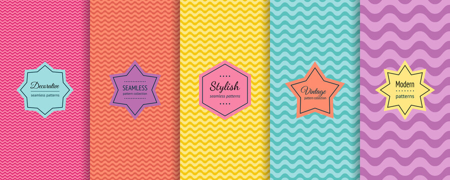 Vector Wave Seamless Patterns Collection. Set Of Colorful Background Swatches With Elegant Minimal Labels. Abstract Textures With Wavy Lines, Curves. Pink, Orange, Yellow, Turquoise, Purple Color