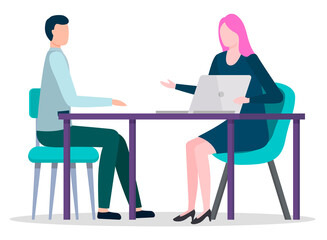 Fototapeta na wymiar Businesswoman talking to candidate on interview. Man asking and answering questions of woman with pc. Businesslady with laptop showing info on screen to male entrepreneur. Vector in flat style