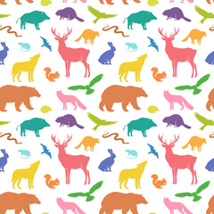 Vector silhouette animals seamless pattern. Deer, hare, fox, hedgehog, squirrel, wolf, bear, snake, beaver, raccoon, mouse, wild boar and birds