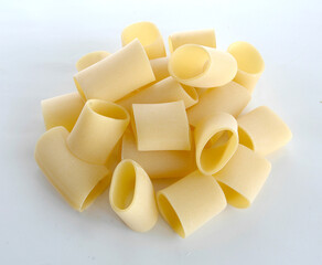 Calamarata is an  italian pasta from Gragnano in Campania regiion isolated on the white background