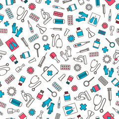 Vector seamless pattern with medical elements: syringe, test tube, medicine, pills, magnifier, medical mask, lungs, gloves, microscope, stethophonendoscope, virus, thermometer. Doodle background.