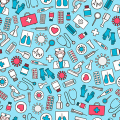Vector seamless pattern with medical elements: doctor, syringe, test tube, medicine, pills, magnifier, medical mask, lungs, gloves, microscope, stethophonendoscope, virus, thermometer.