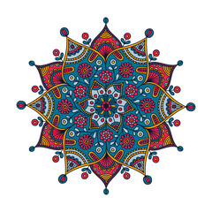 Vector hand drawn doodle mandala. Ethnic mandala with colorful tribal ornament. Isolated on white background. Oriental pattern, vector illustration. Mandala with flowers. - 358108199