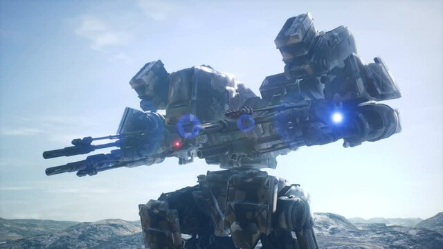 A military robot walks through the battlefield. The concept of the future Apocalypse. Animation for military, futuristic or fantasy backgrounds.
