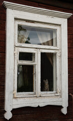 Cat sitting in a room behind an old time window in an old house