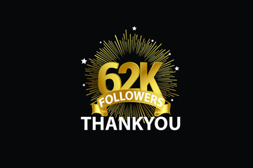 62K,62.000 Followers anniversary, minimalist logo years, jubilee, greeting card. invitation. Sign Ribbon Gold space vector illustration on black background - Vector